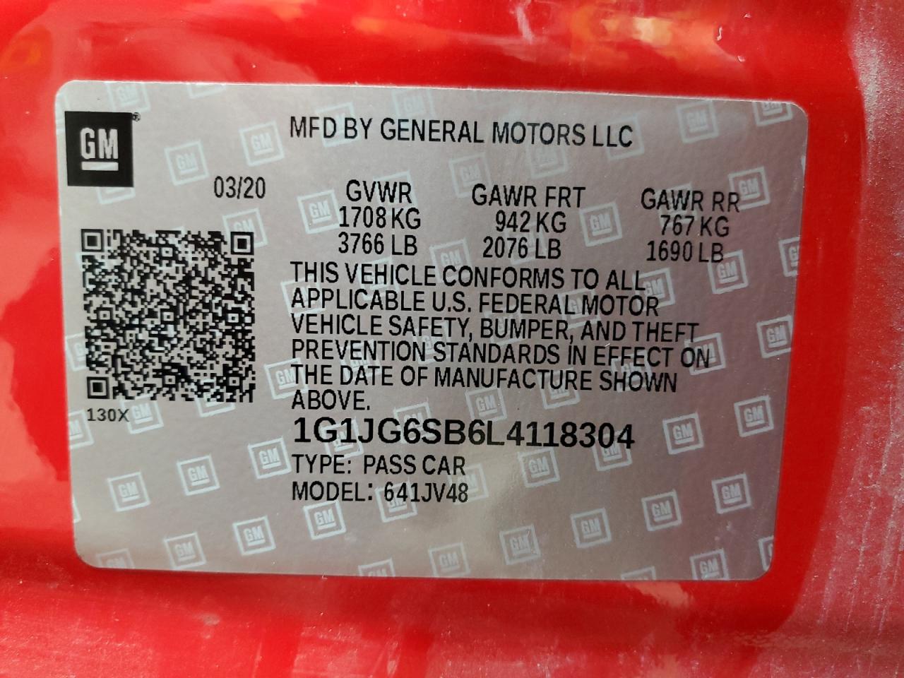 2020 Chevrolet Sonic VIN: 1G1JG6SB6L4118304 Lot: 63214424