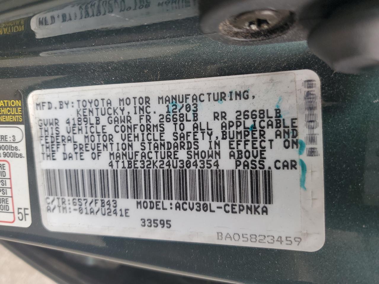 2004 Toyota Camry Le VIN: 4T1BE32K24U304354 Lot: 64087764