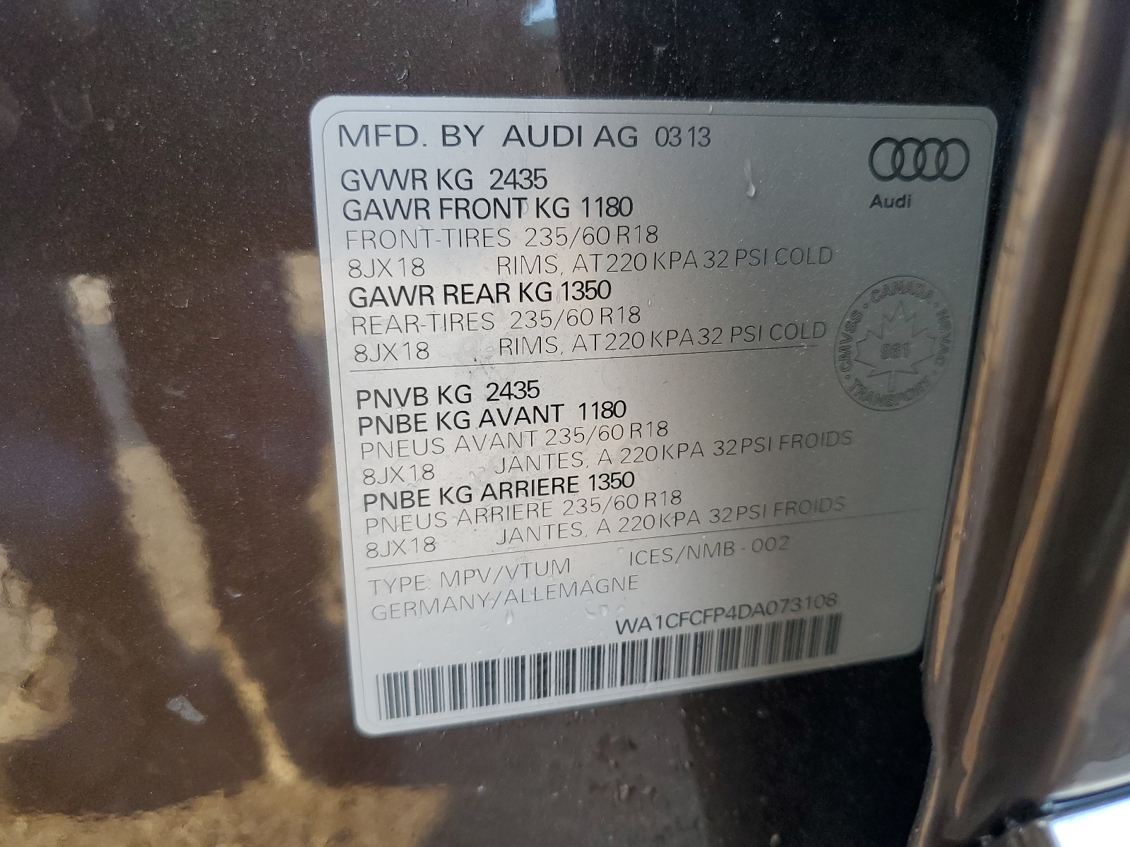 WA1CFCFP4DA073108 2013 Audi Q5 Premium