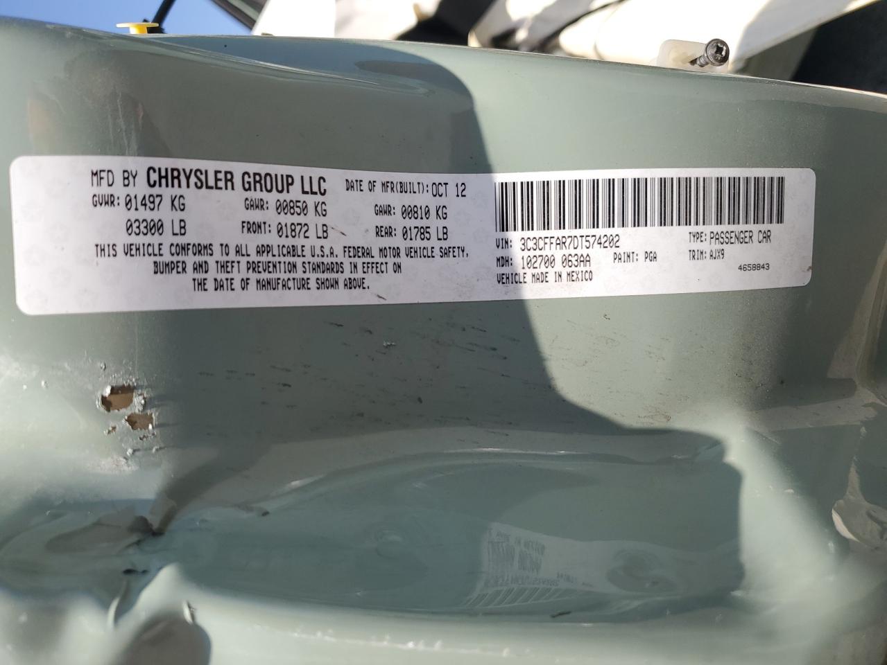 2013 Fiat 500 Pop VIN: 3C3CFFAR7DT574202 Lot: 63693194