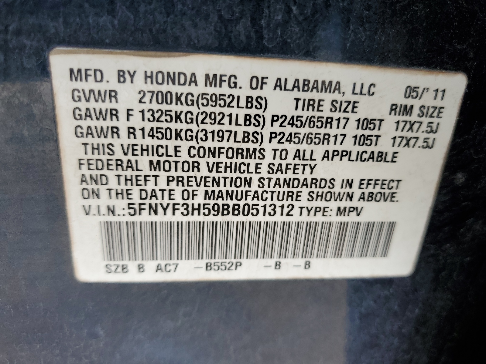 5FNYF3H59BB051312 2011 Honda Pilot Exl