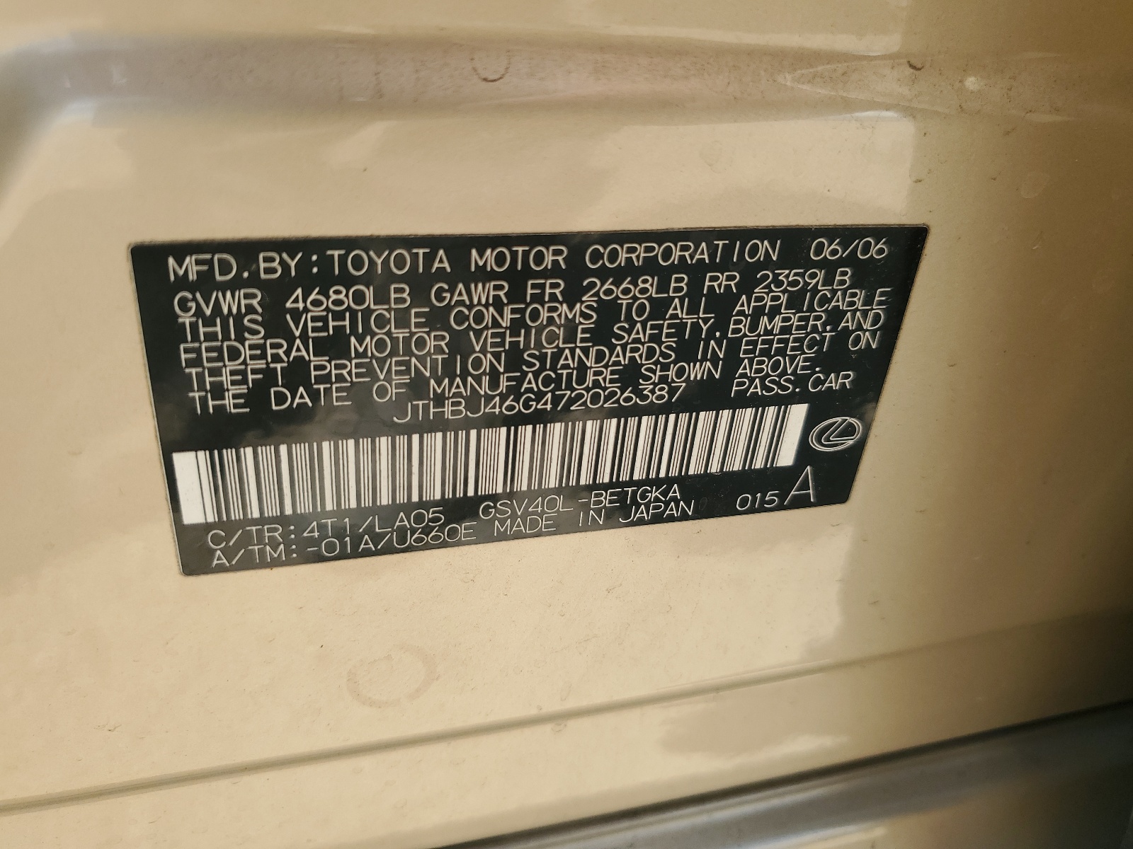 JTHBJ46G472026387 2007 Lexus Es 350