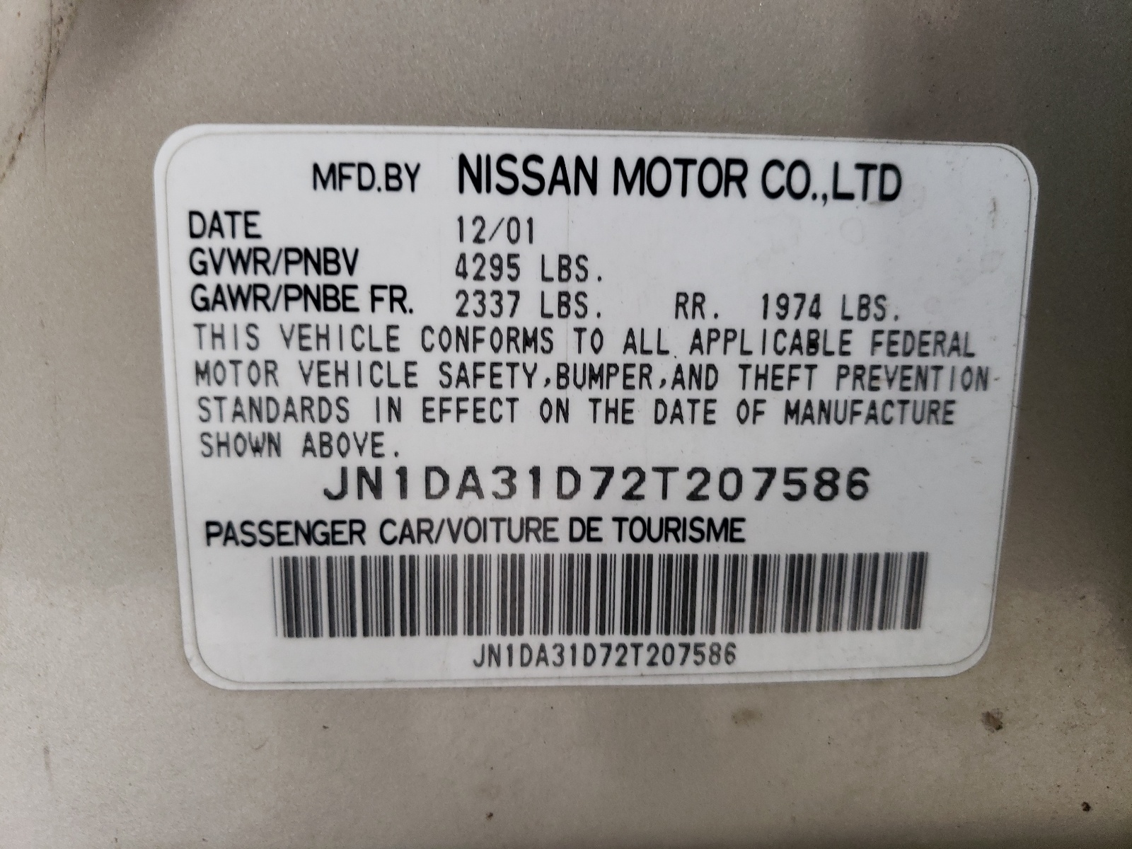 JN1DA31D72T207586 2002 Nissan Maxima Gle