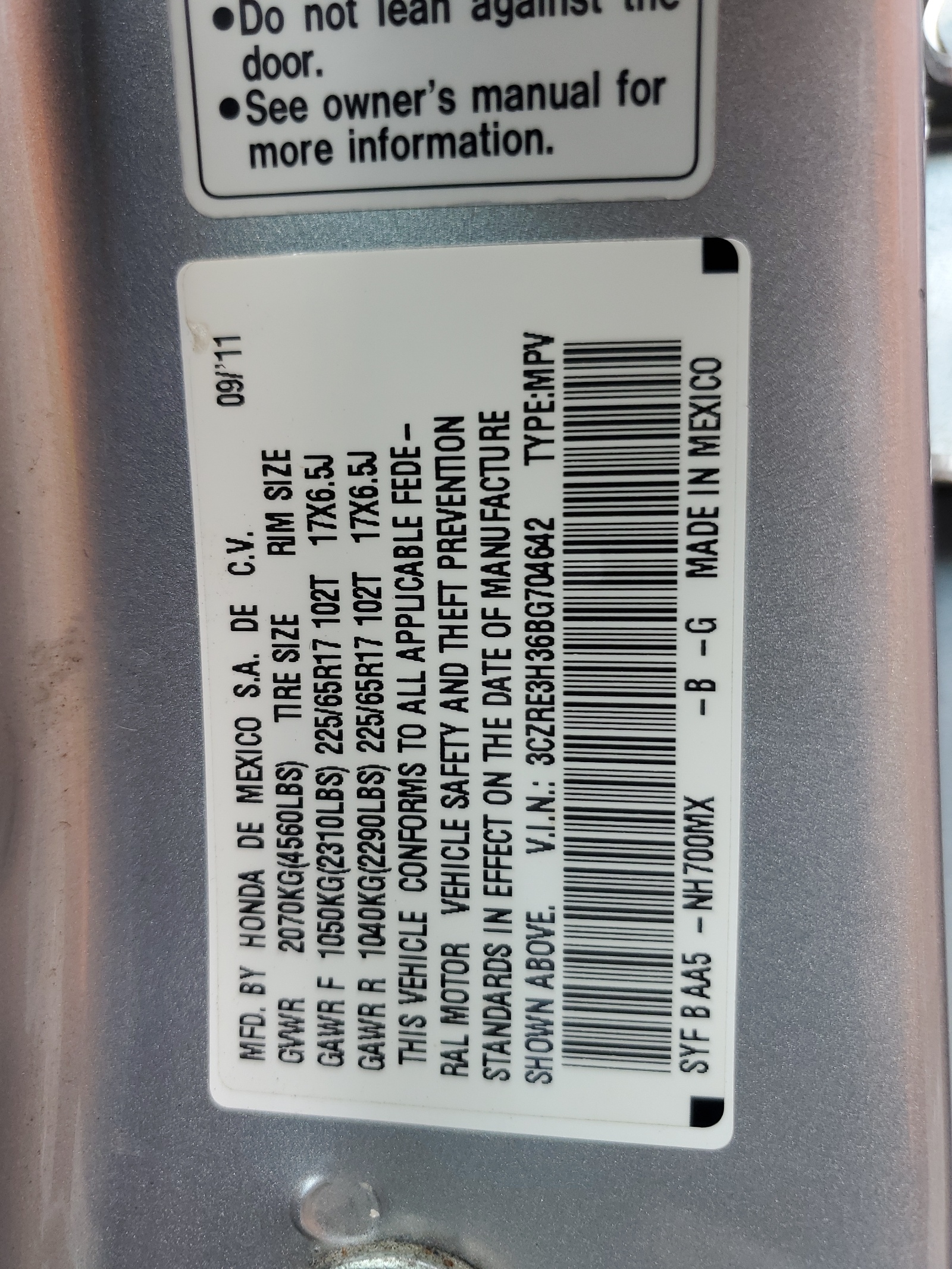 3CZRE3H36BG704642 2011 Honda Cr-V Lx