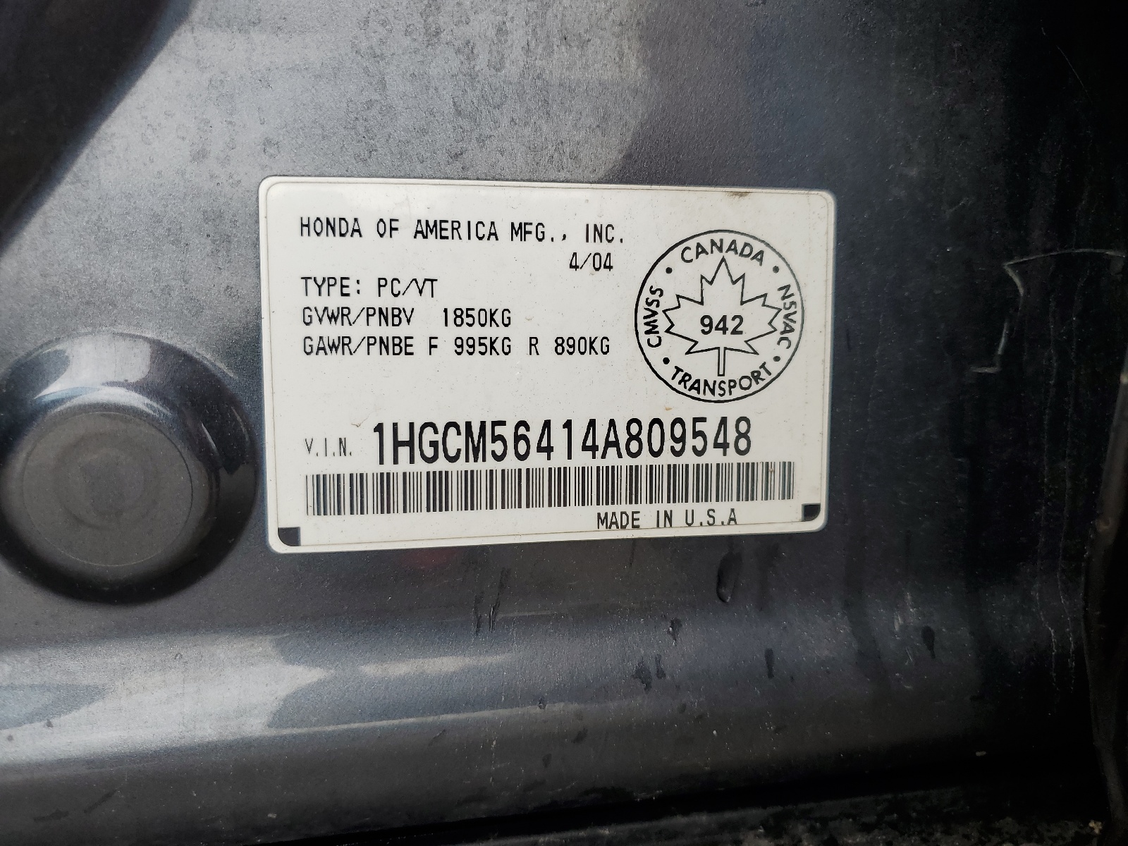 1HGCM56414A809548 2004 Honda Accord Lx