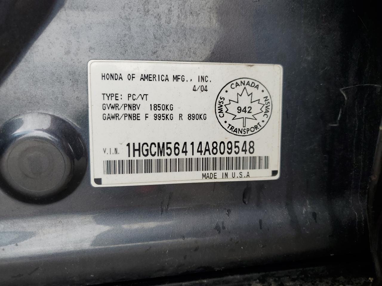 2004 Honda Accord Lx VIN: 1HGCM56414A809548 Lot: 62557144