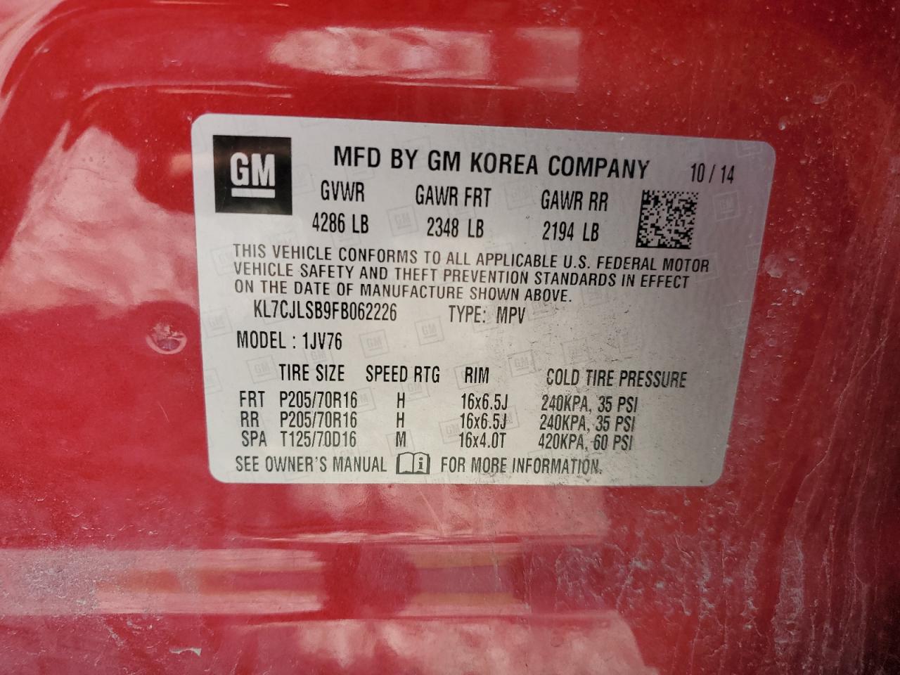 2015 Chevrolet Trax 1Lt VIN: KL7CJLSB9FB062226 Lot: 64230234