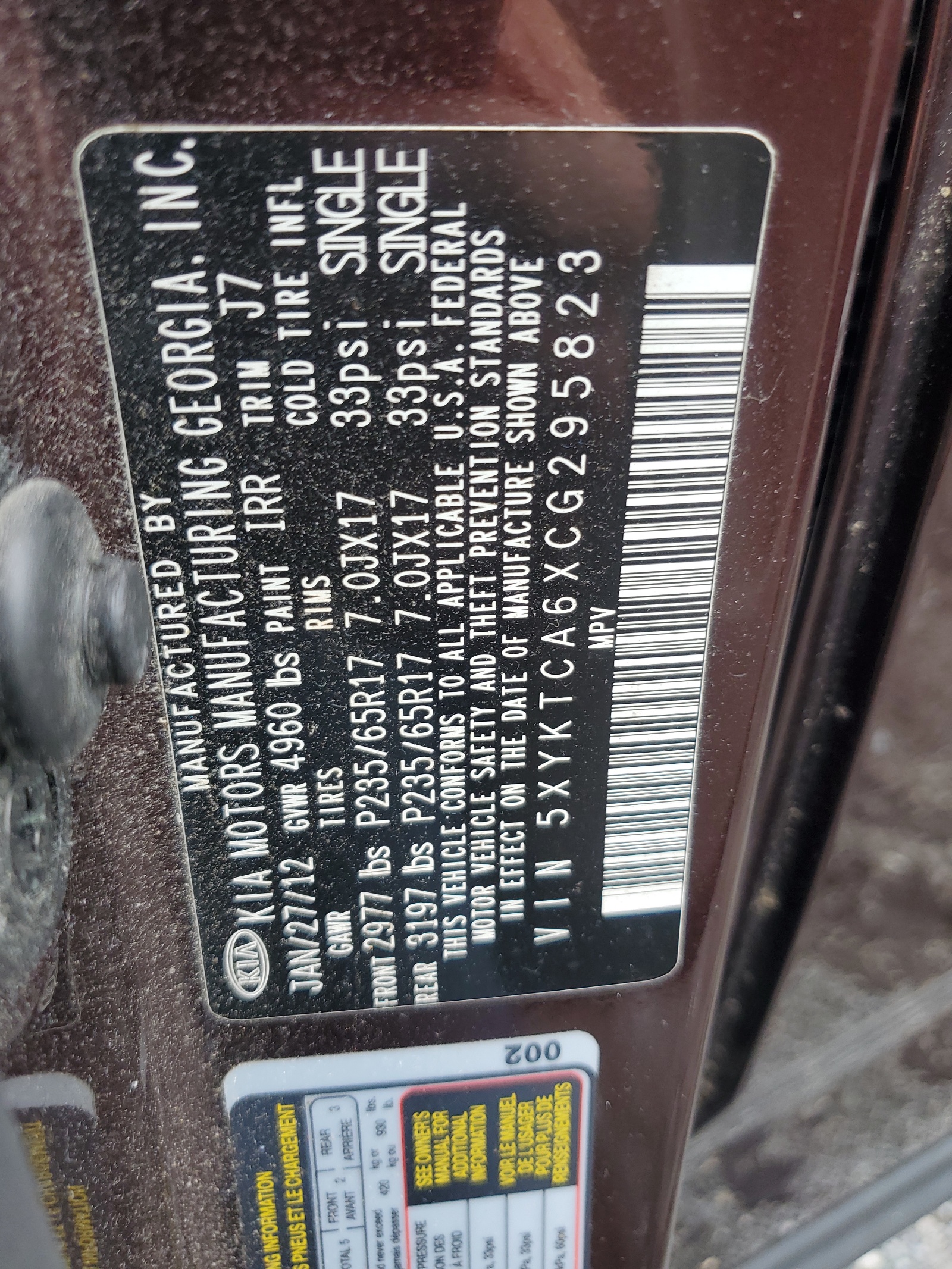 5XYKTCA6XCG295823 2012 Kia Sorento Base