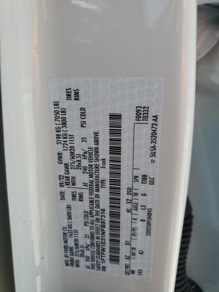 2022 Ford F150 Supercrew VIN: 1FTFW1E51NFB97316 Lot: 61737644