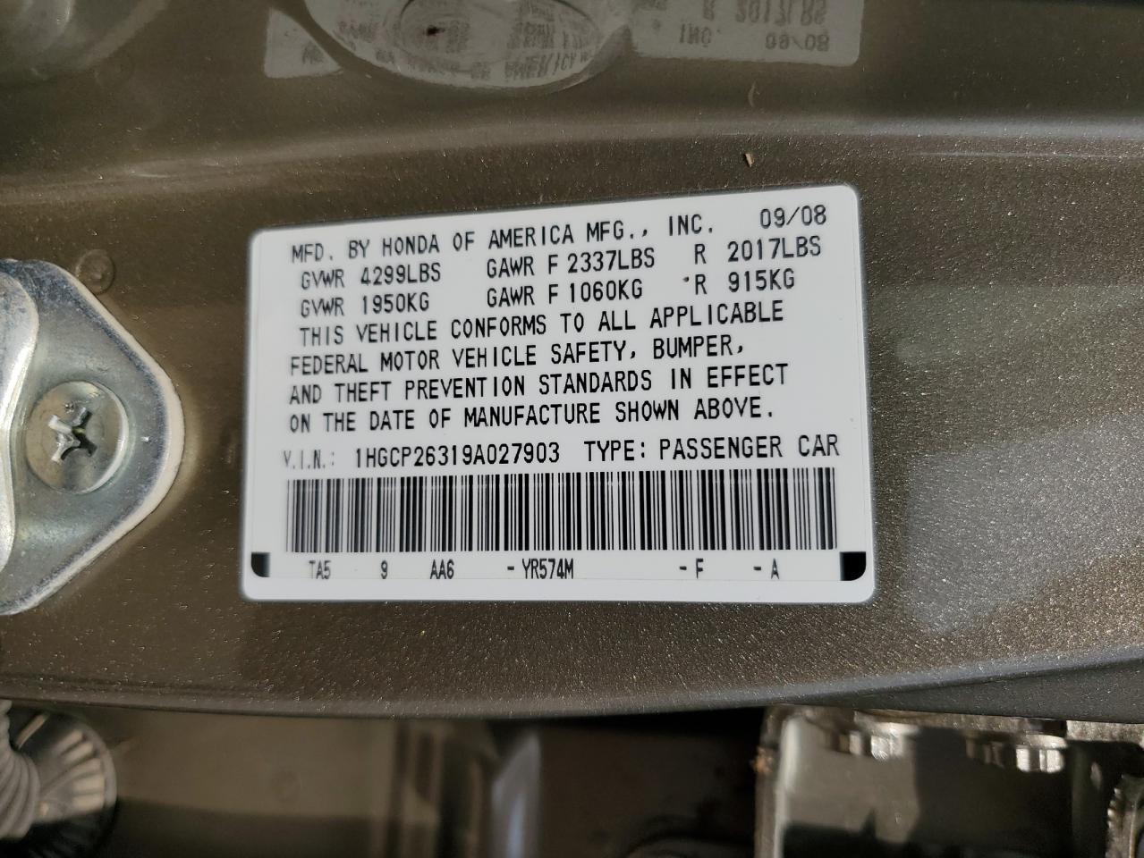 1HGCP26319A027903 2009 Honda Accord Lx