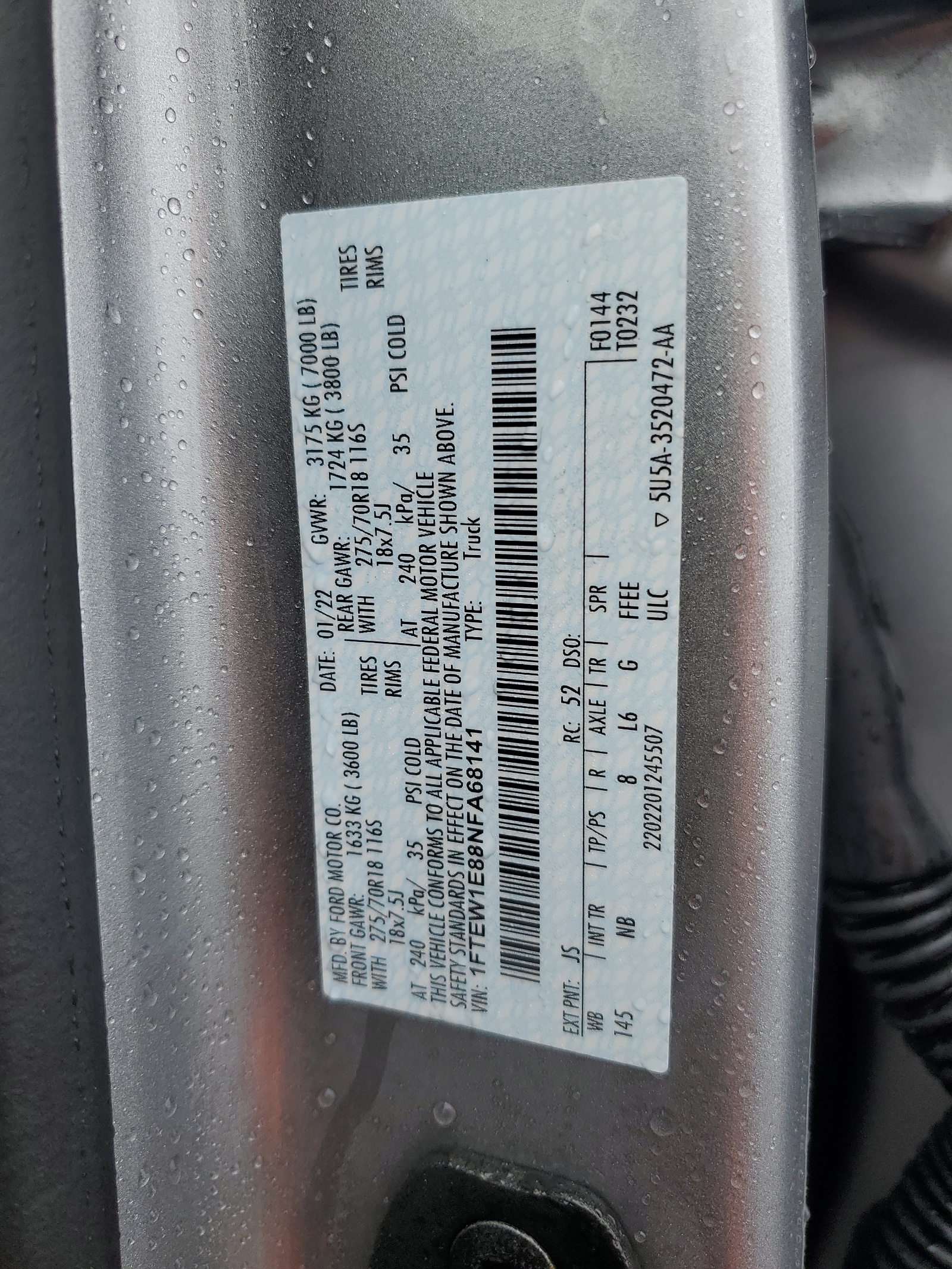 1FTEW1E88NFA68141 2022 Ford F150 Supercrew