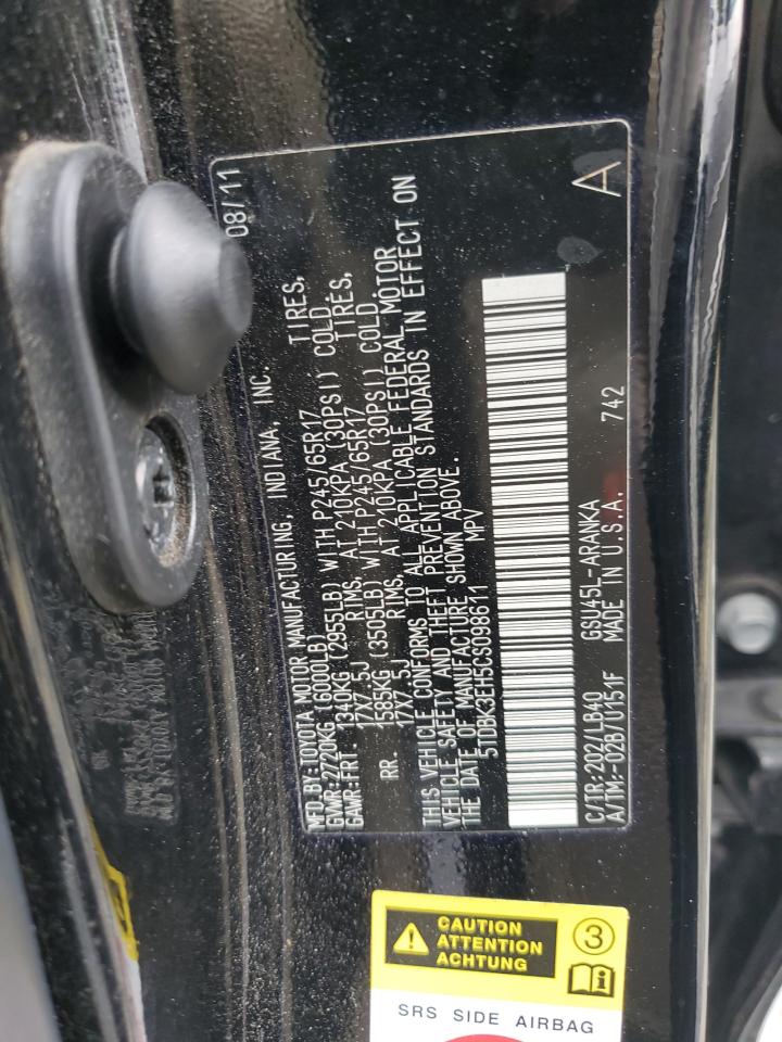 2012 Toyota Highlander Base VIN: 5TDBK3EH5CS098611 Lot: 64566594