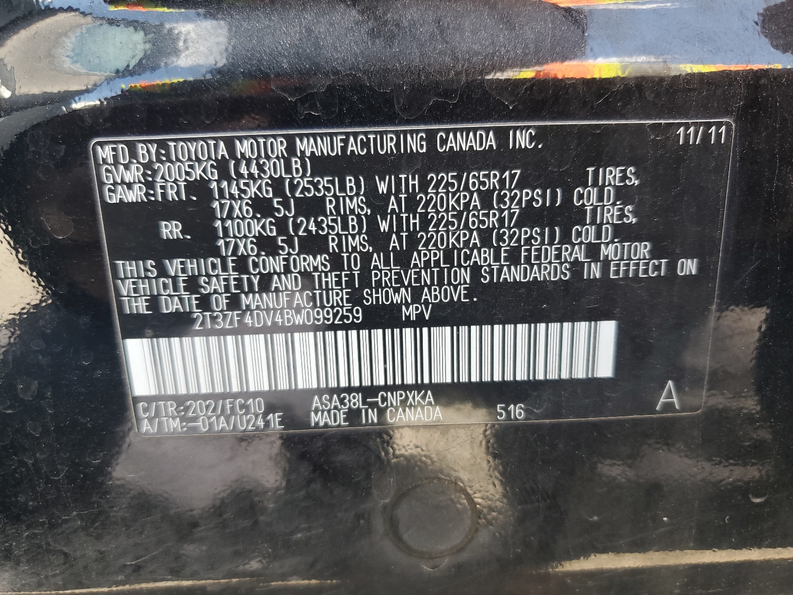 2T3ZF4DV4BW099259 2011 Toyota Rav4
