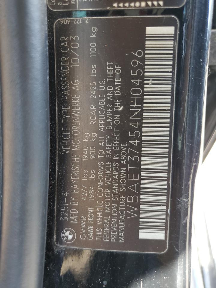 2004 BMW 325 I VIN: WBAET37454NH04596 Lot: 62402884