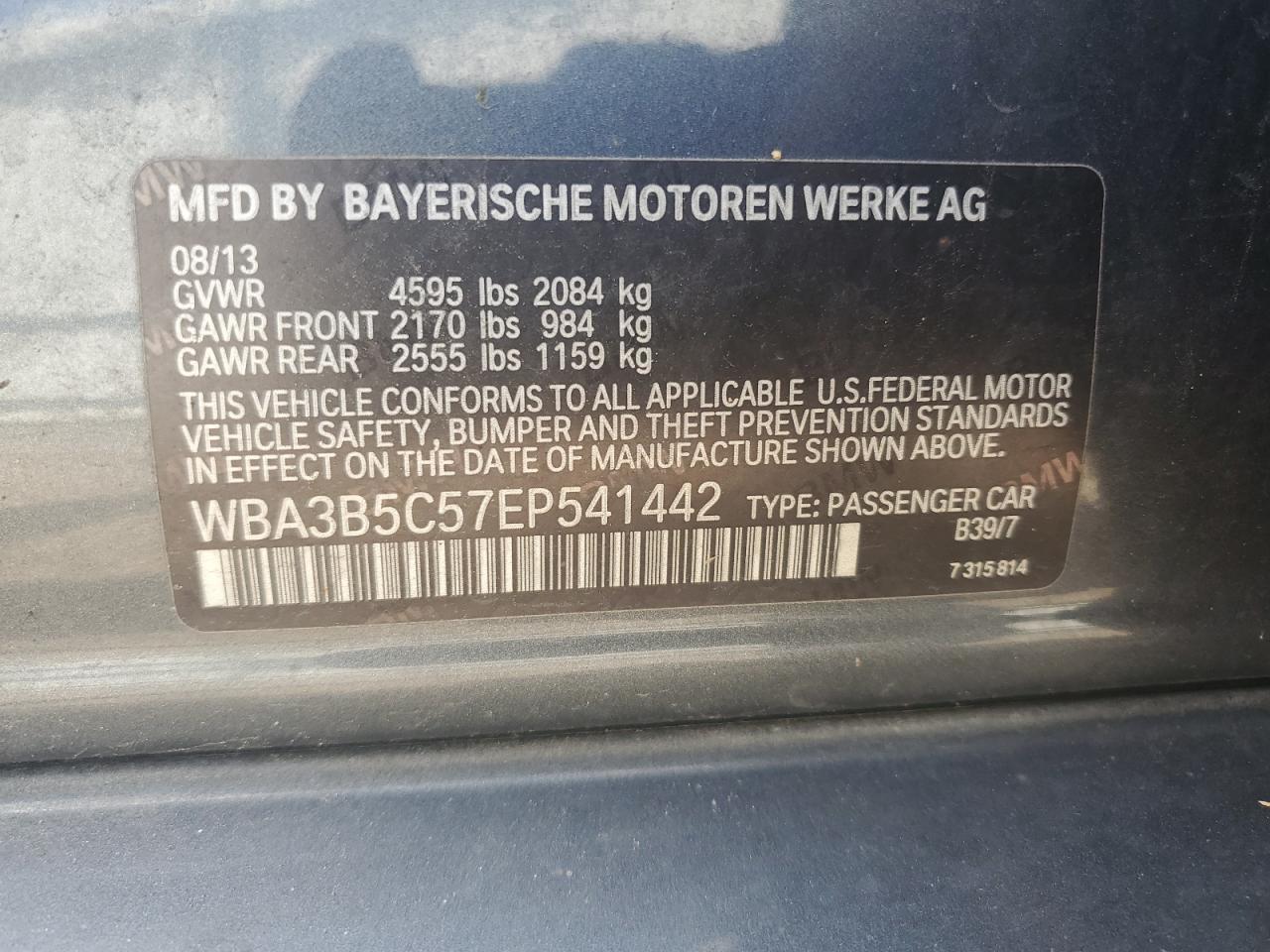 2014 BMW 328 Xi Sulev VIN: WBA3B5C57EP541442 Lot: 59756334