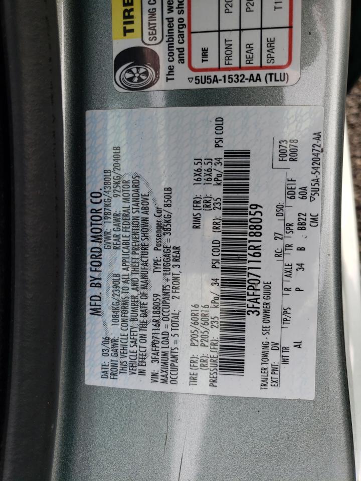 2006 Ford Fusion Se VIN: 3FAFP07116R188059 Lot: 64186804