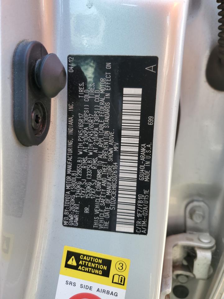 2012 Toyota Highlander Base VIN: 5TDZK3EH8CS076164 Lot: 64523674