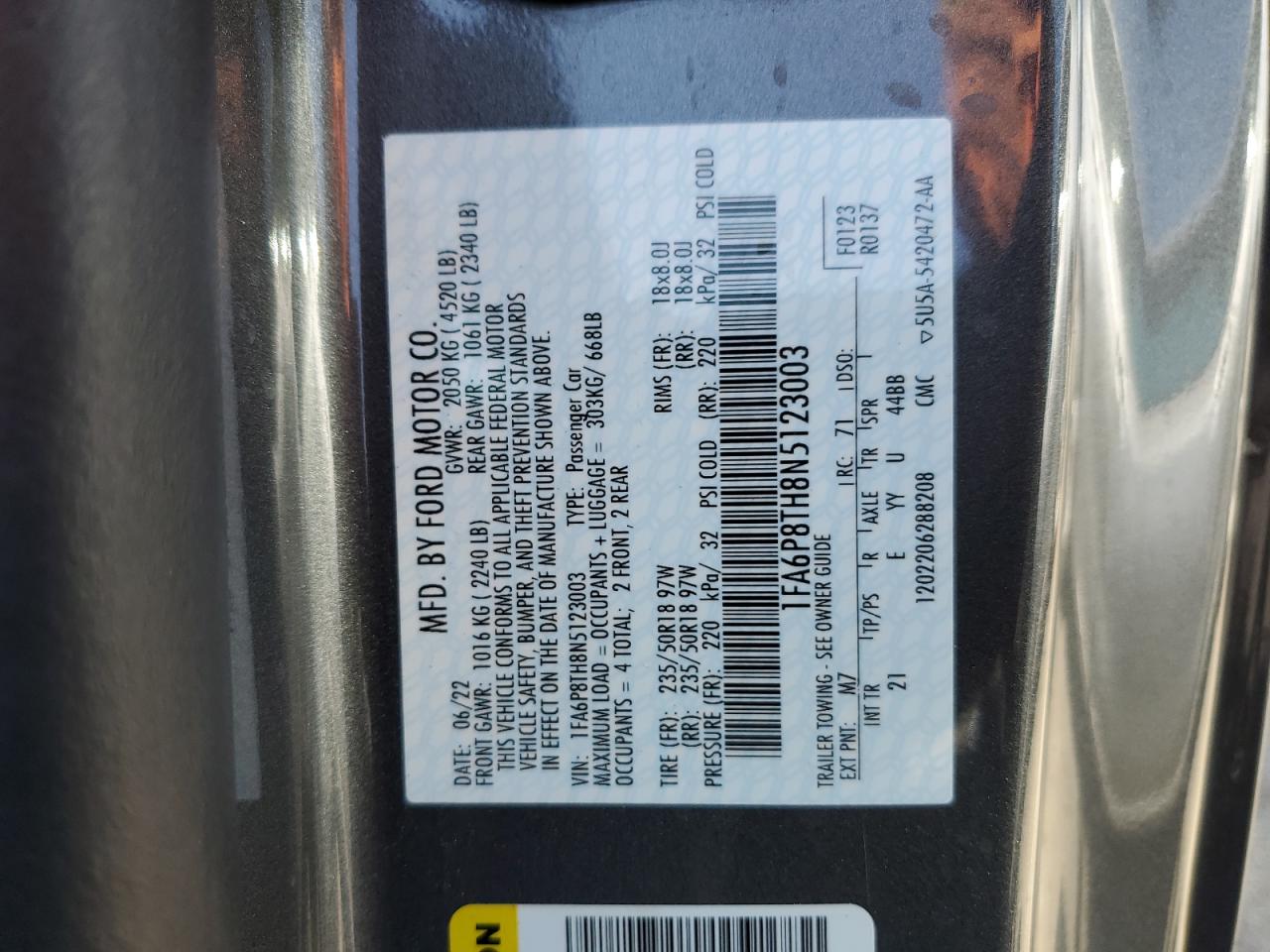 2022 Ford Mustang VIN: 1FA6P8TH8N5123003 Lot: 63623574