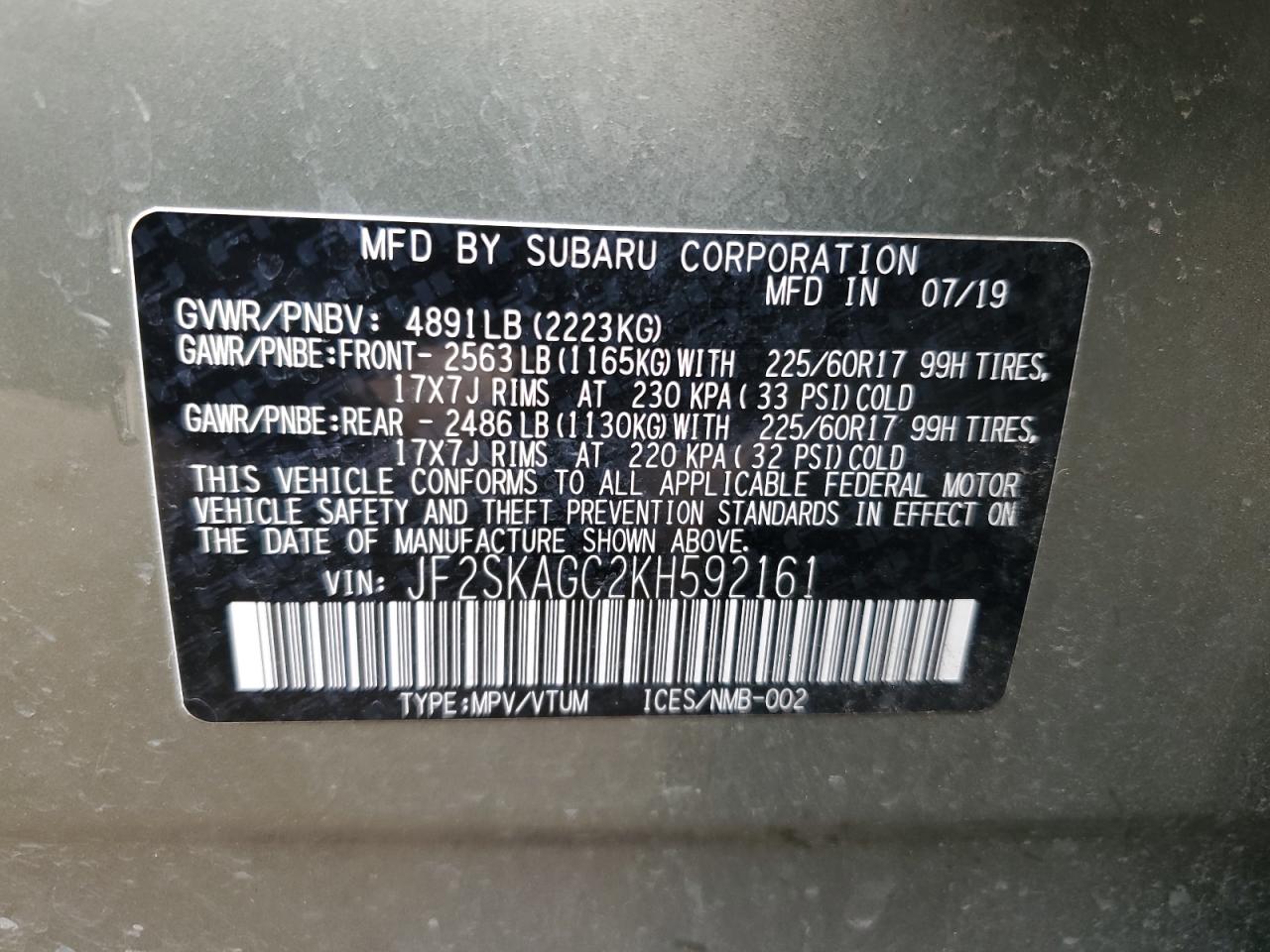 2019 Subaru Forester Premium VIN: JF2SKAGC2KH592161 Lot: 64125304