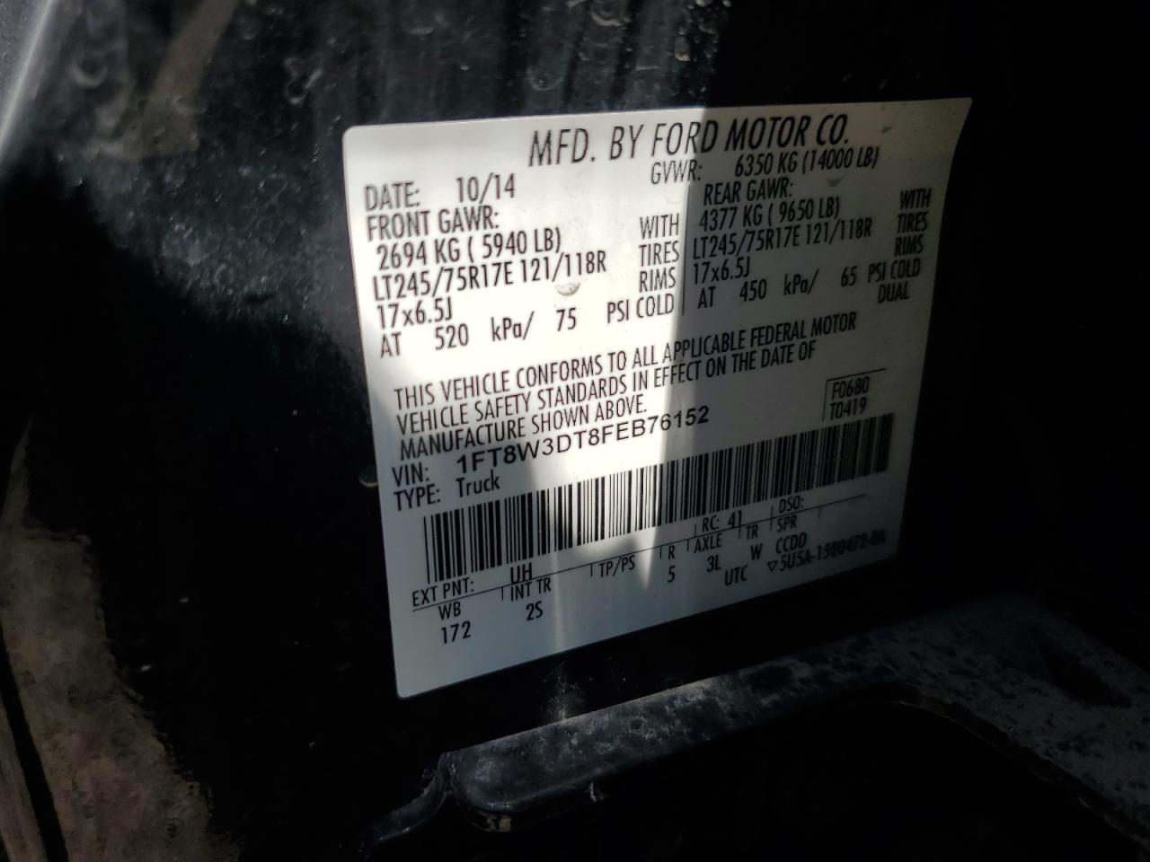 2015 Ford F350 Super Duty VIN: 1FT8W3DT8FEB76152 Lot: 61327524