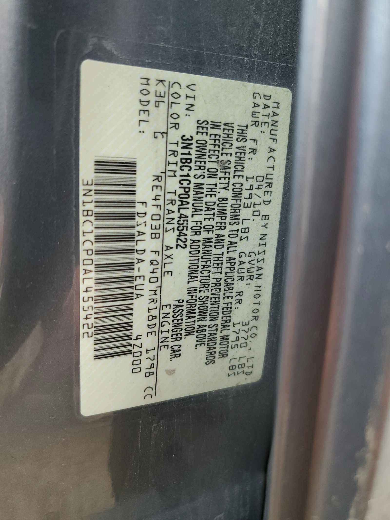 3N1BC1CP0AL455422 2010 Nissan Versa S