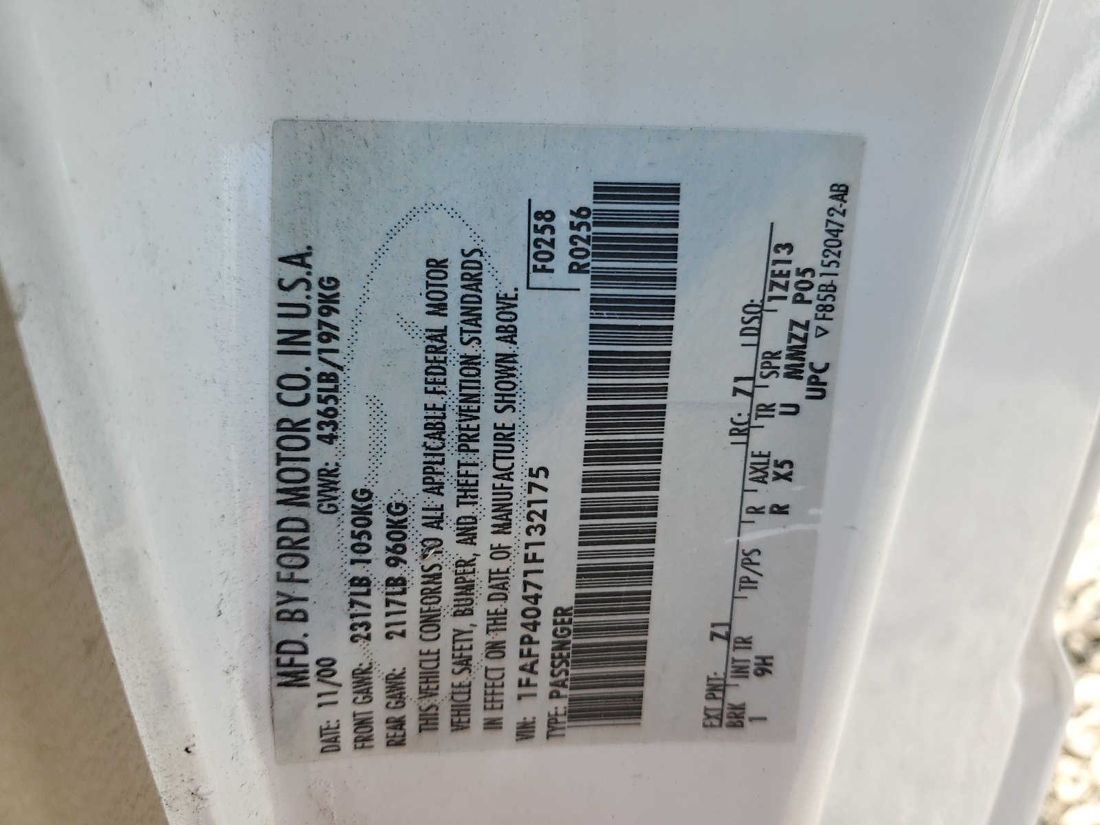 1FAFP40471F132175 2001 Ford Mustang