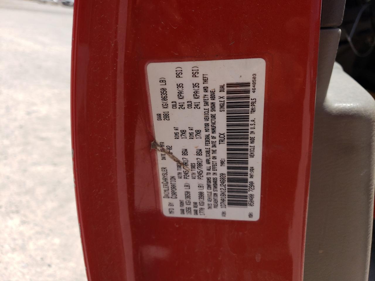 2002 Dodge Ram 1500 VIN: 1D7HA16N12J246020 Lot: 65546024