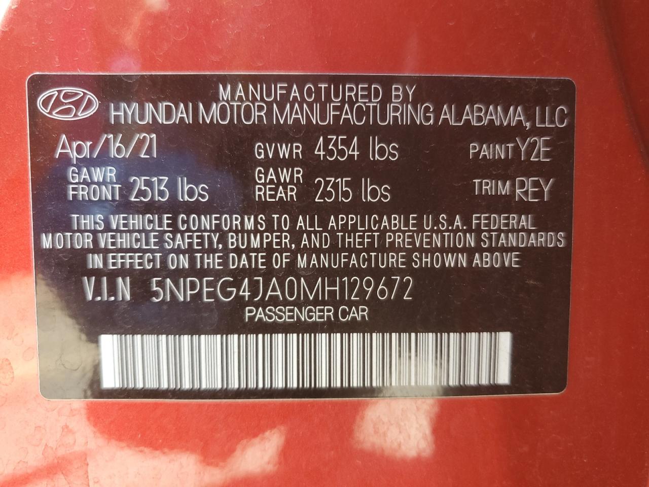 2021 Hyundai Sonata Se VIN: 5NPEG4JA0MH129672 Lot: 65247744