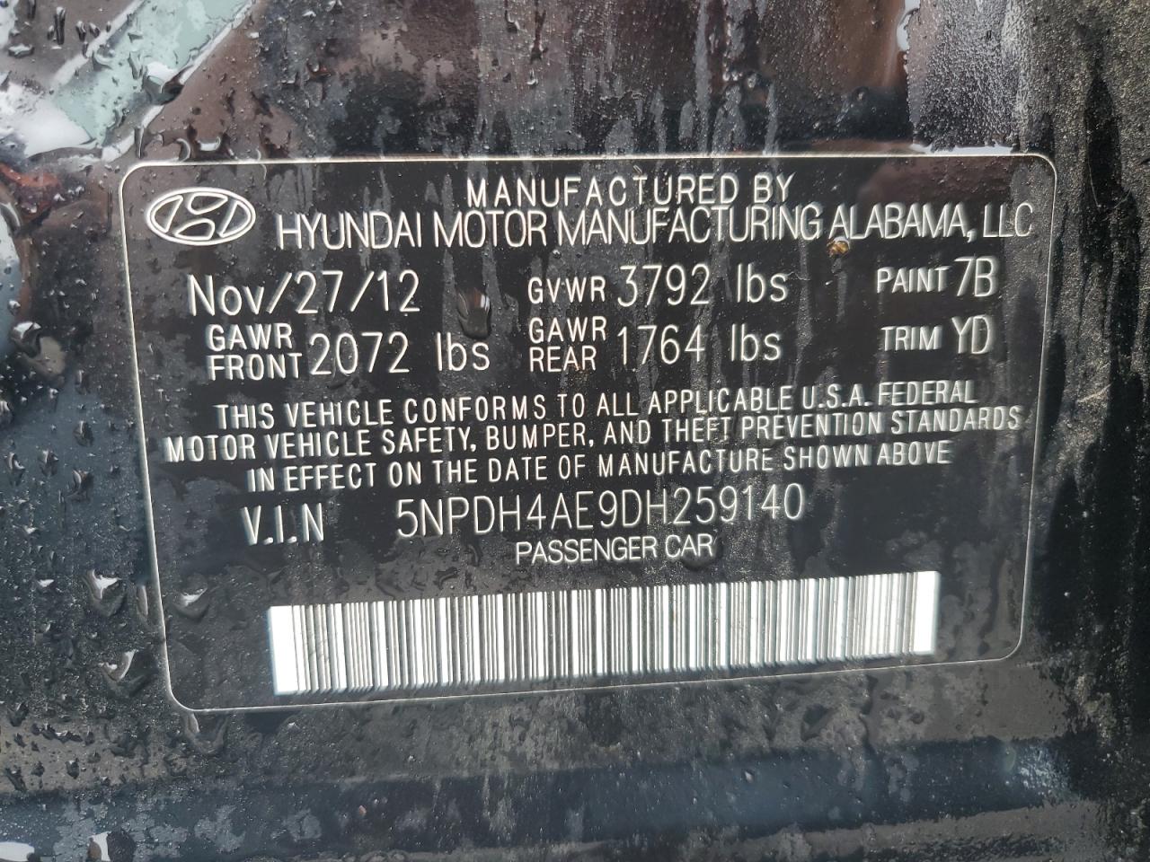 2013 Hyundai Elantra Gls VIN: 5NPDH4AE9DH259140 Lot: 63989734