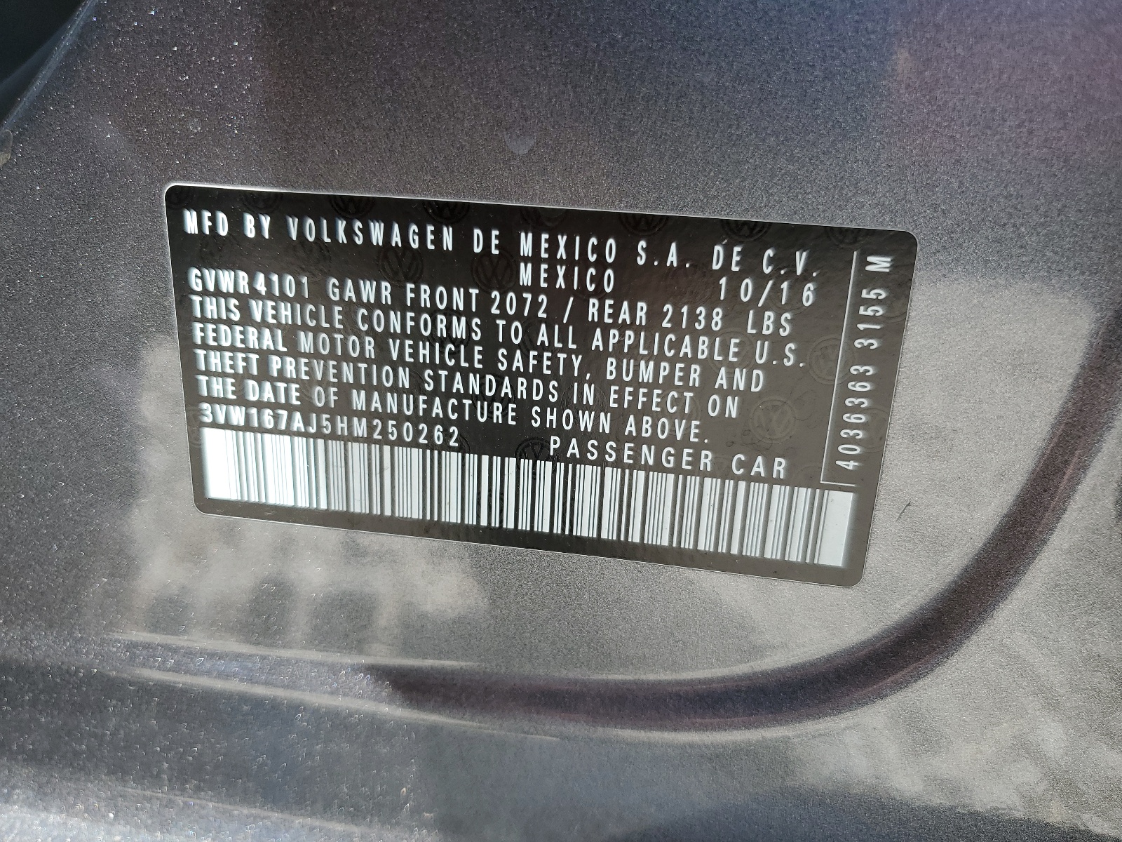 3VW167AJ5HM250262 2017 Volkswagen Jetta S