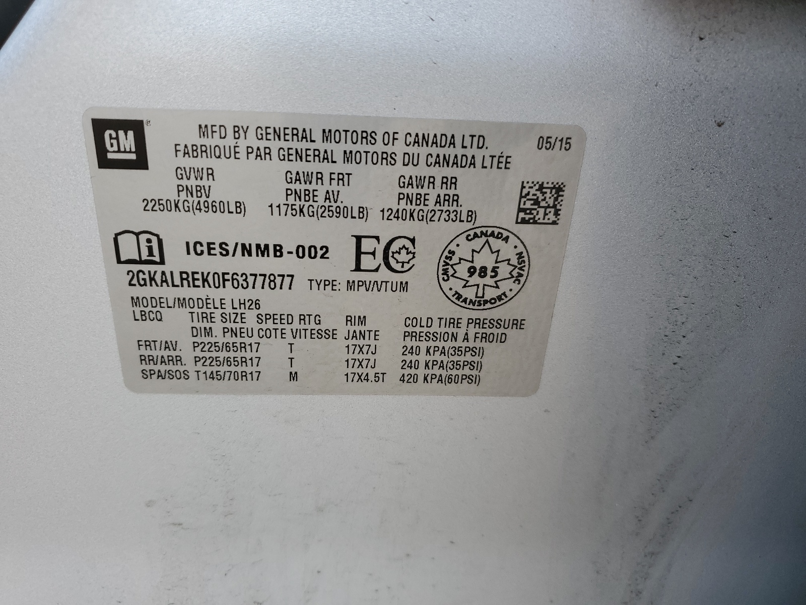 2GKALREK0F6377877 2015 GMC Terrain Sle