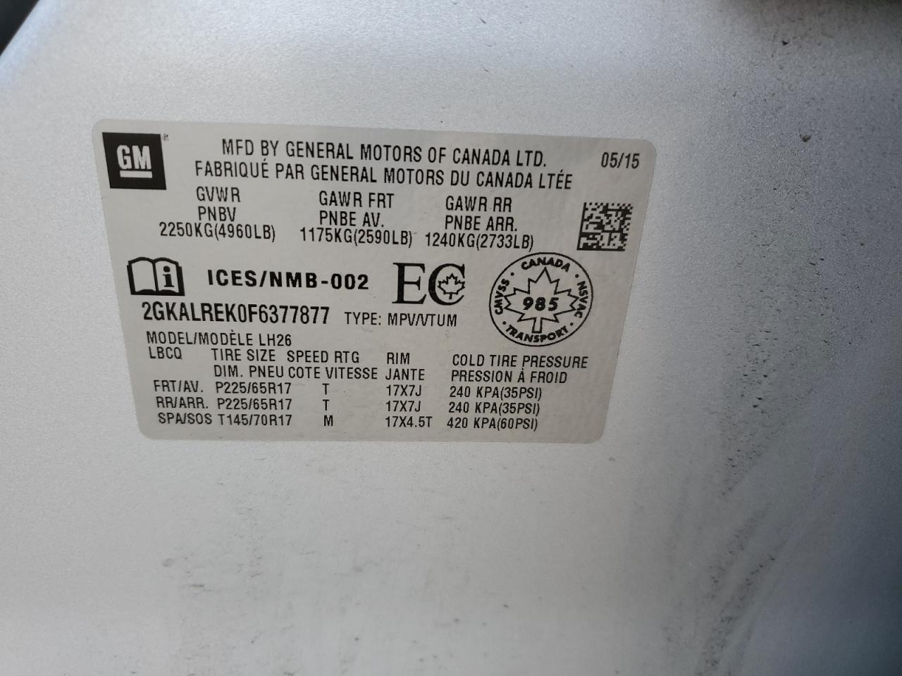 2015 GMC Terrain Sle VIN: 2GKALREK0F6377877 Lot: 63752564