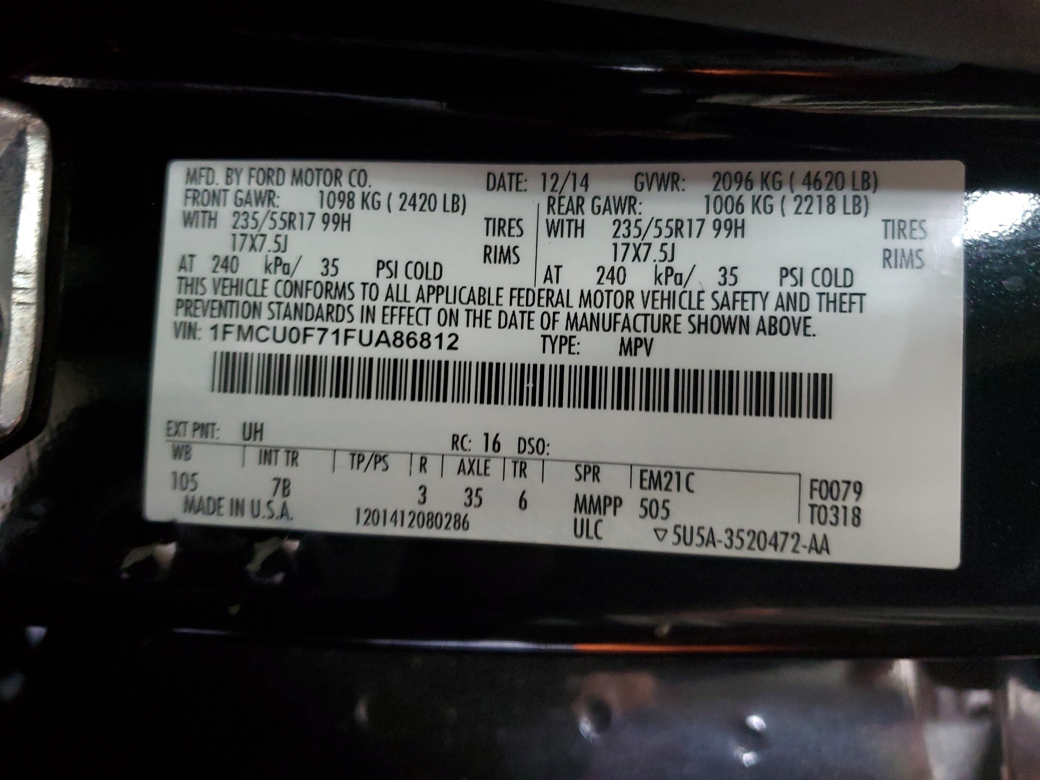 1FMCU0F71FUA86812 2015 Ford Escape S