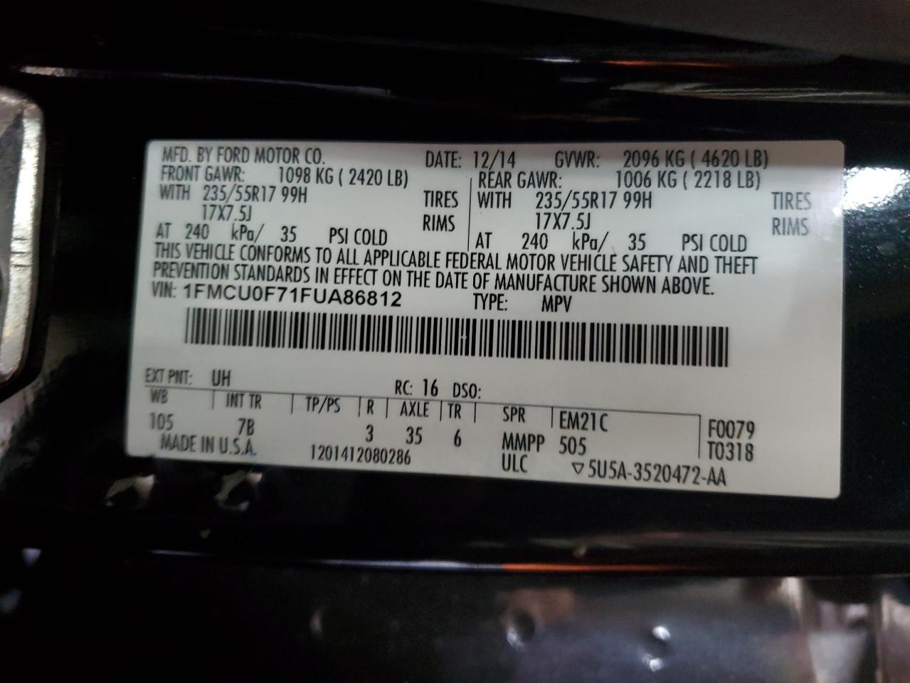 2015 Ford Escape S VIN: 1FMCU0F71FUA86812 Lot: 63845024