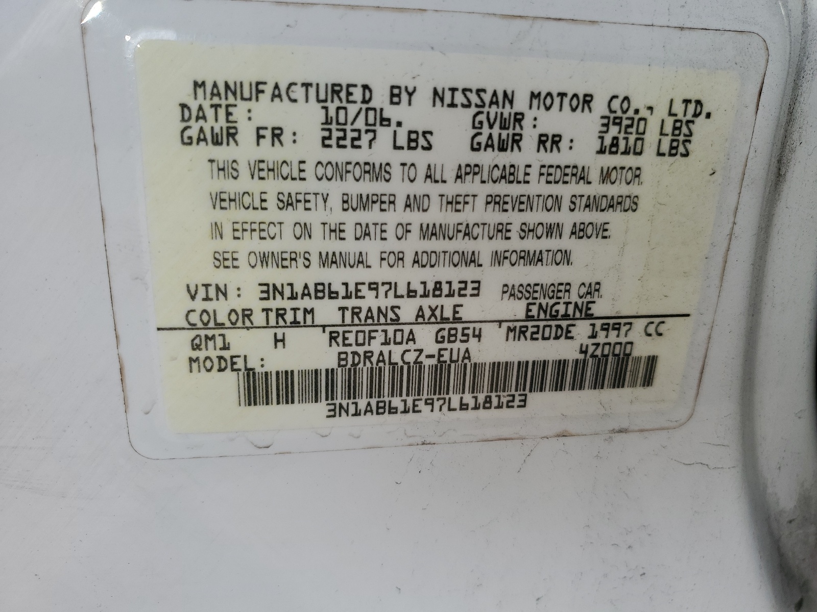 3N1AB61E97L618123 2007 Nissan Sentra 2.0