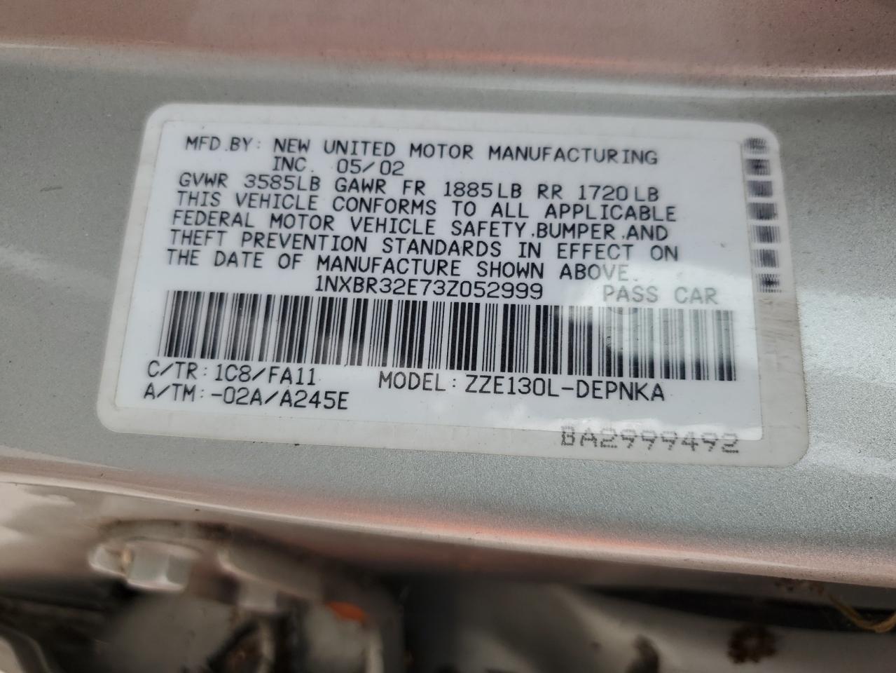 2003 Toyota Corolla Ce VIN: 1NXBR32E73Z052999 Lot: 64359484