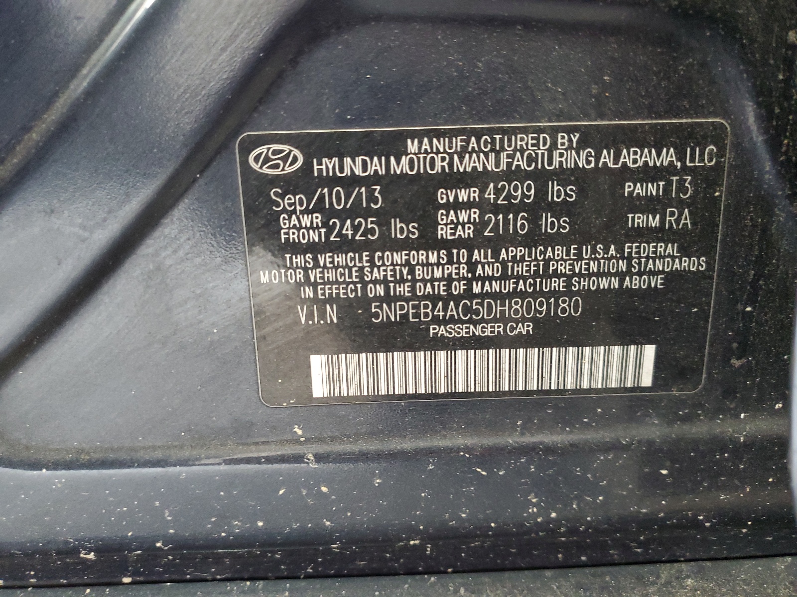 5NPEB4AC5DH809180 2013 Hyundai Sonata Gls
