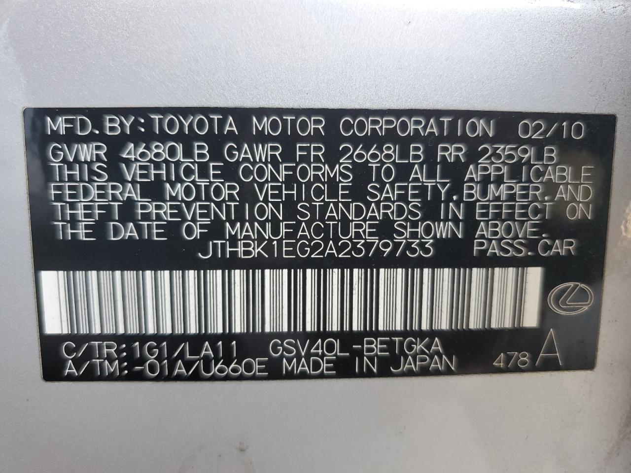 JTHBK1EG2A2379733 2010 Lexus Es 350