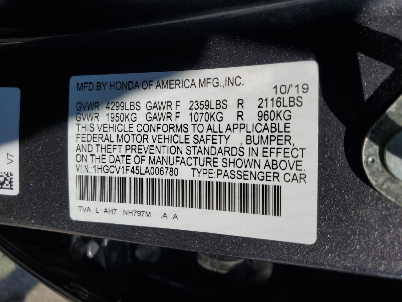 1HGCV1F45LA006780 2020 Honda Accord Ex