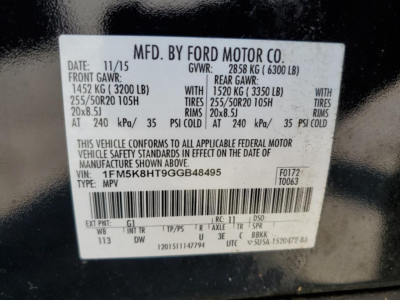 2016 Ford Explorer Platinum VIN: 1FM5K8HT9GGB48495 Lot: 63383544