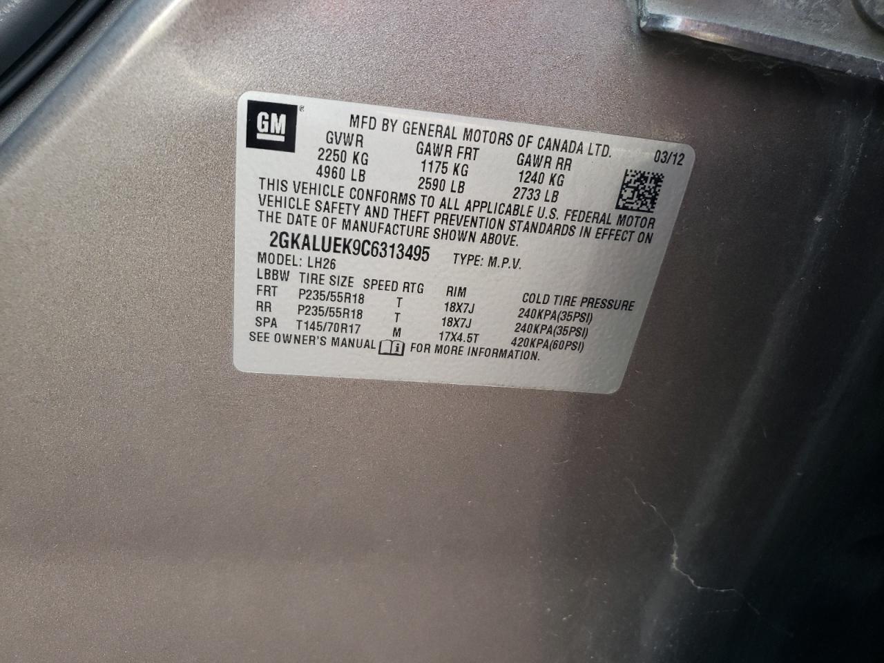 2012 GMC Terrain Slt VIN: 2GKALUEK9C6313495 Lot: 60934184