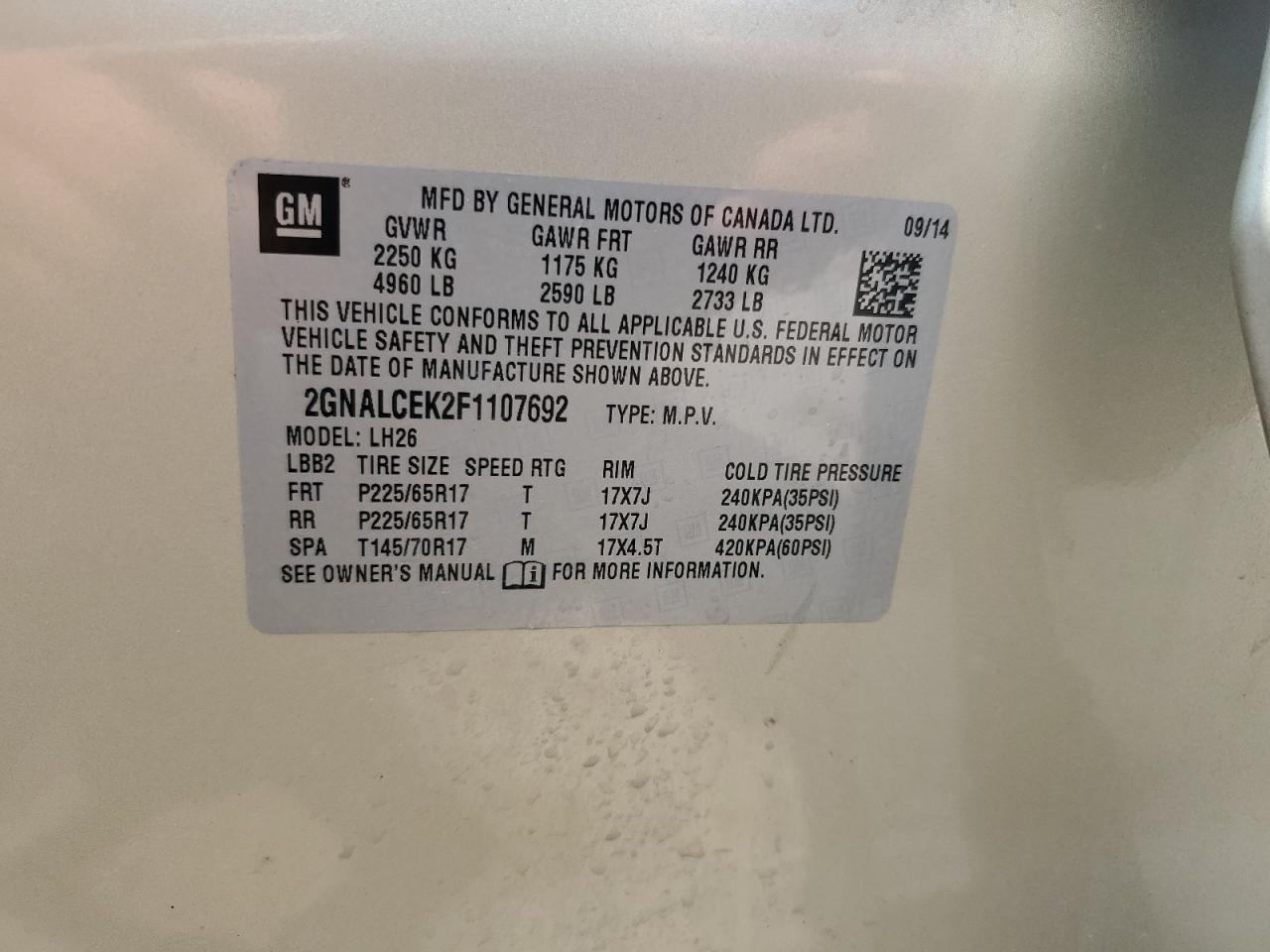 2015 Chevrolet Equinox Lt VIN: 2GNALCEK2F1107692 Lot: 64053464