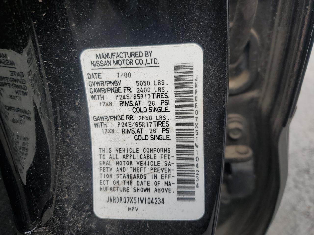 2001 Infiniti Qx4 VIN: JNRDR07X51W104234 Lot: 62656954