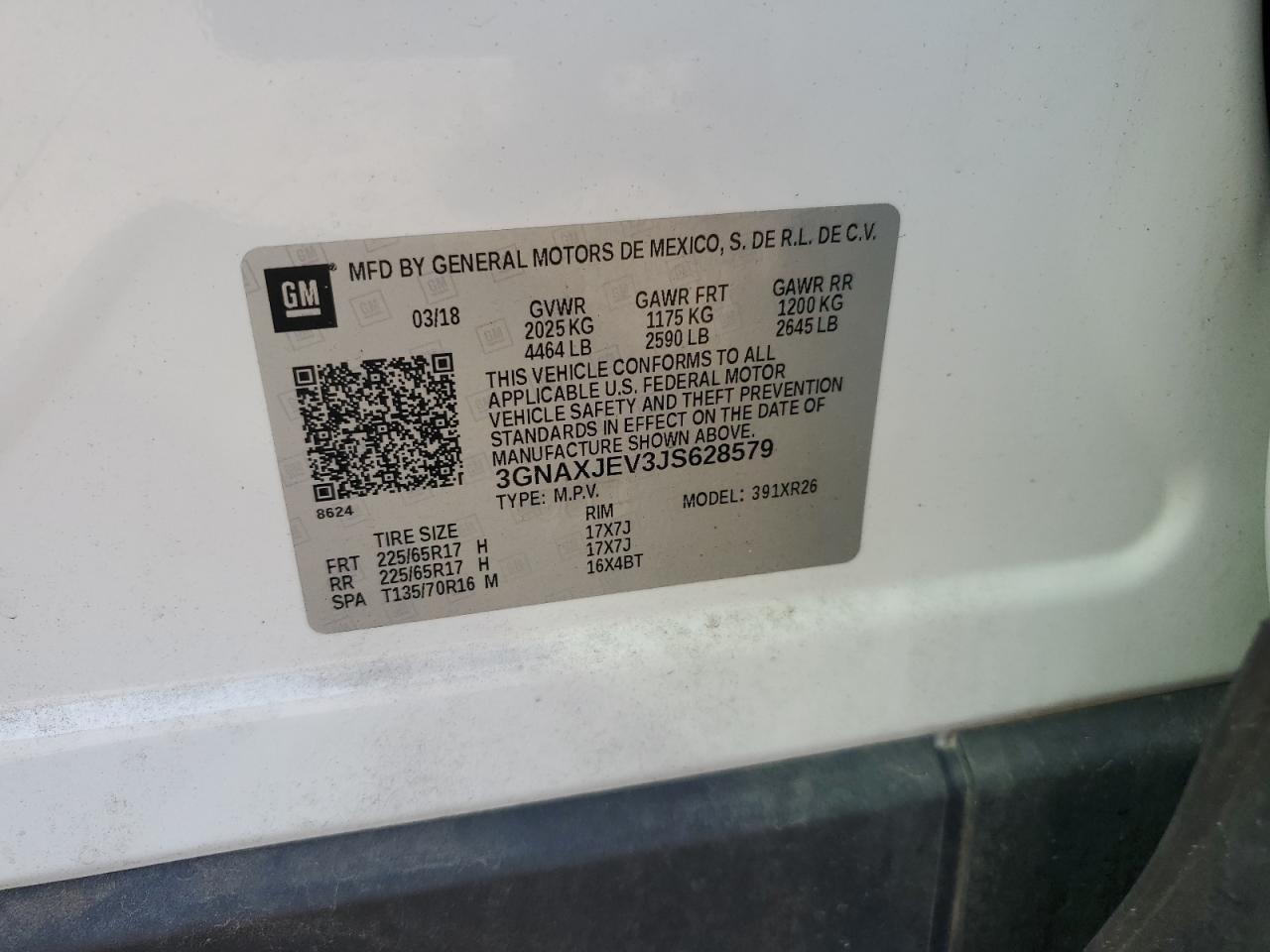 3GNAXJEV3JS628579 2018 Chevrolet Equinox Lt