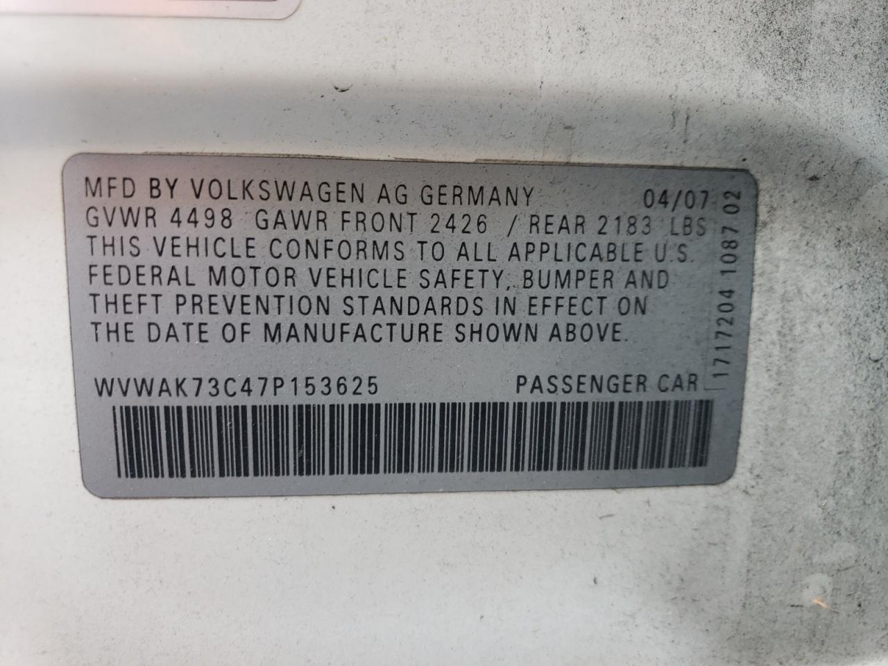 2007 Volkswagen Passat 2.0T VIN: WVWAK73C47P153625 Lot: 65370644
