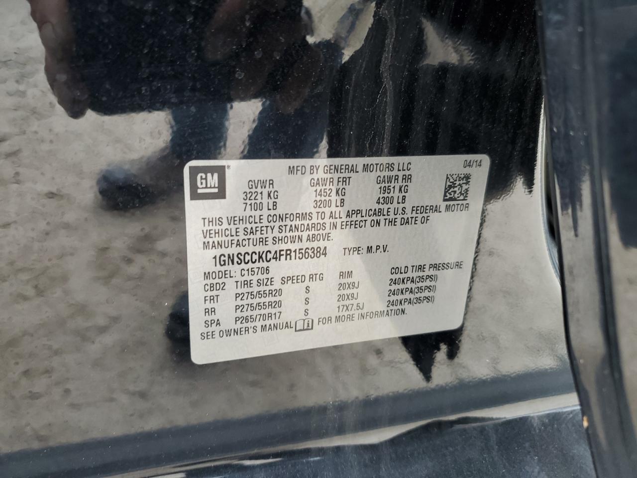 2015 Chevrolet Tahoe C1500 Ltz VIN: 1GNSCCKC4FR156384 Lot: 63432154