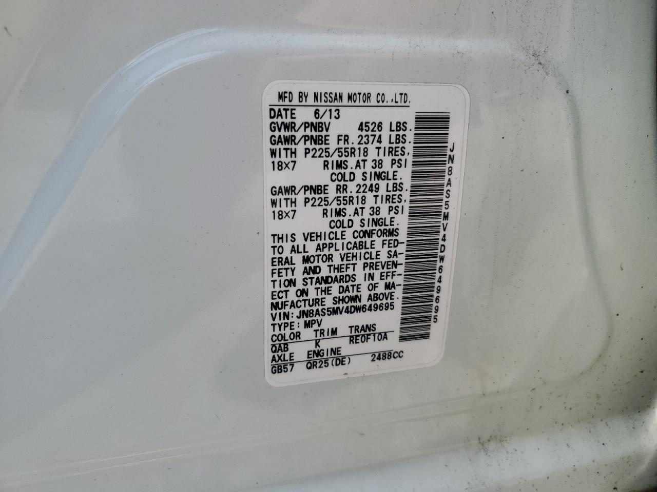 2013 Nissan Rogue S VIN: JN8AS5MV4DW649695 Lot: 64745964