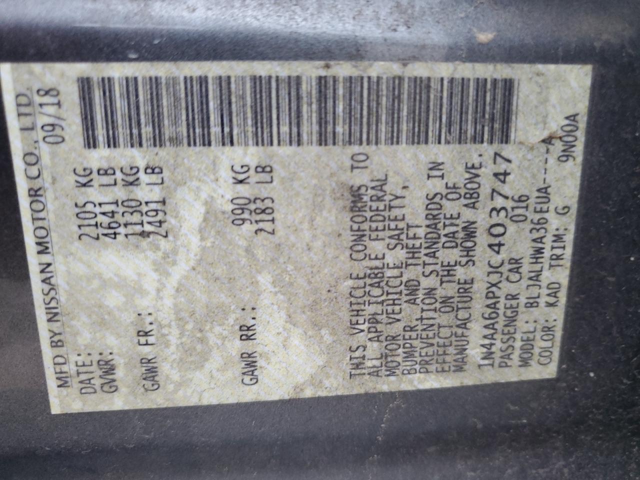 2018 Nissan Maxima 3.5S VIN: 1N4AA6APXJC403747 Lot: 63292794