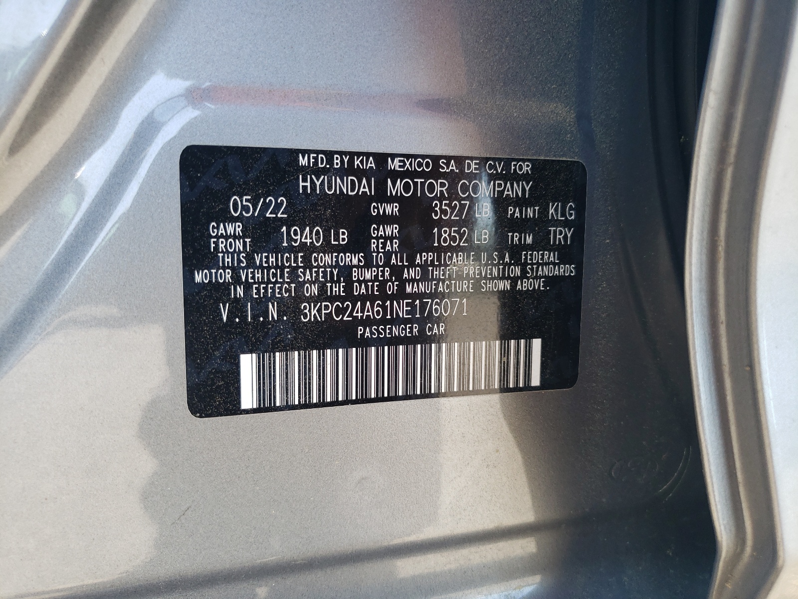 3KPC24A61NE176071 2022 Hyundai Accent Se