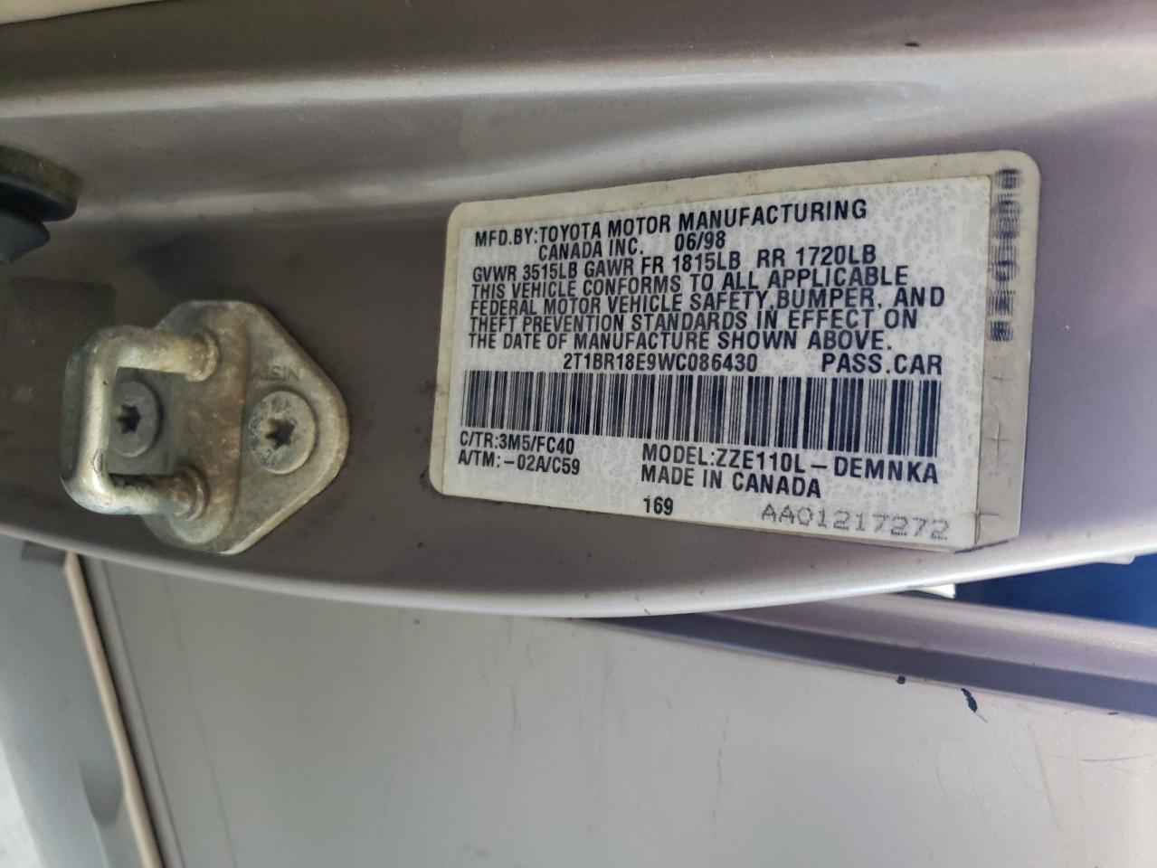1998 Toyota Corolla Ve VIN: 2T1BR18E9WC086430 Lot: 61071604